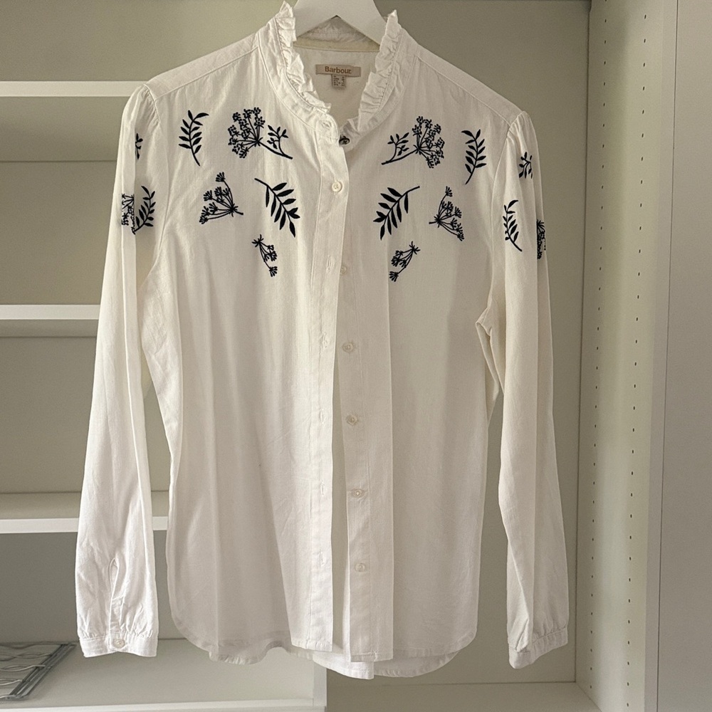 Barbour White Blouse with Black Floral Embroidery